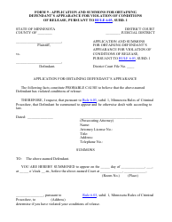 Form 9 Application and Summons for Obtaining Defendant&#039;s Appearance for Violation of Conditions of Release, Pursuant to Rule 6.03, Subd. 1 - Minnesota
