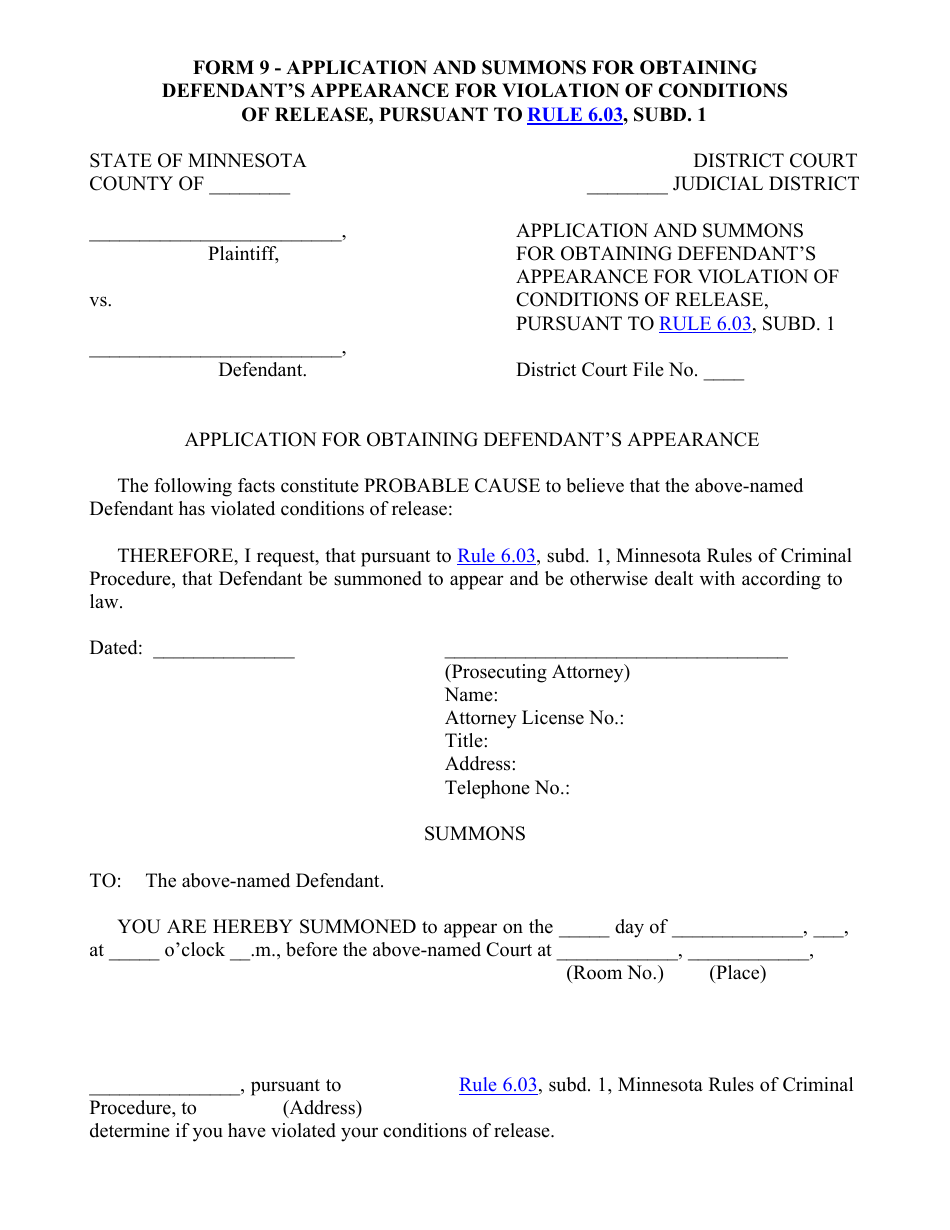 Form 9 Application and Summons for Obtaining Defendants Appearance for Violation of Conditions of Release, Pursuant to Rule 6.03, Subd. 1 - Minnesota, Page 1