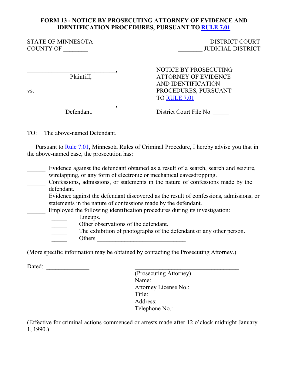Form 13 Notice by Prosecuting Attorney of Evidence and Identification Procedures, Pursuant to Rule 7.01 - Minnesota, Page 1