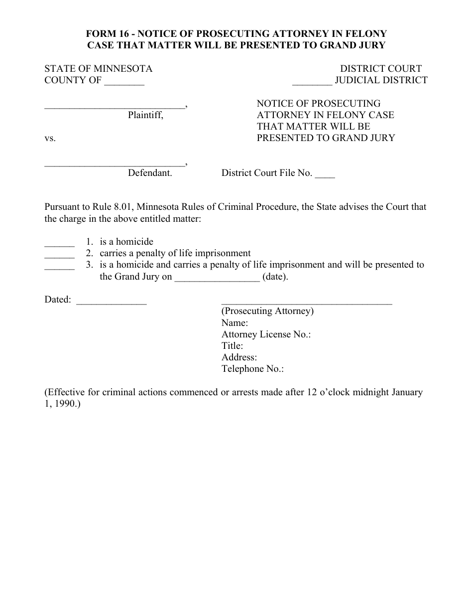 Form 16 Notice of Prosecuting Attorney in Felony Case That Matter Will Be Presented to Grand Jury - Minnesota, Page 1