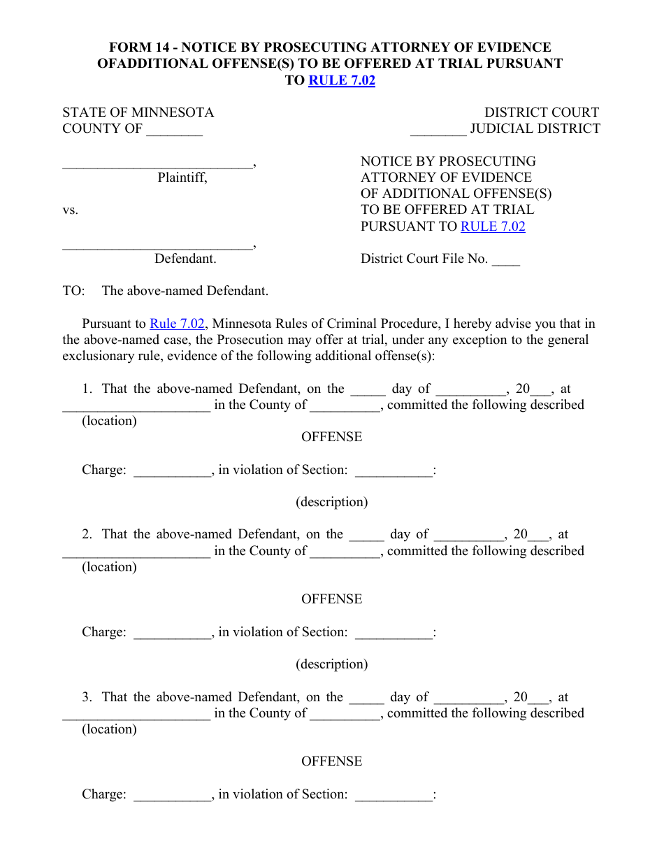 Form 14 Notice by Prosecuting Attorney of Evidence of Additional Offense(S) to Be Offered at Trial Pursuant to Rule 7.02 - Minnesota, Page 1