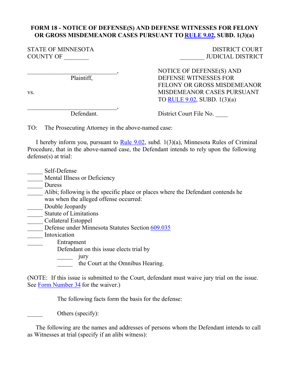 Form 18 Notice of Defense(S) and Defense Witnesses for Felony or Gross Misdemeanor Cases Pursuant to Rule 9.02, Subd. 1(3)(A) - Minnesota, Page 1