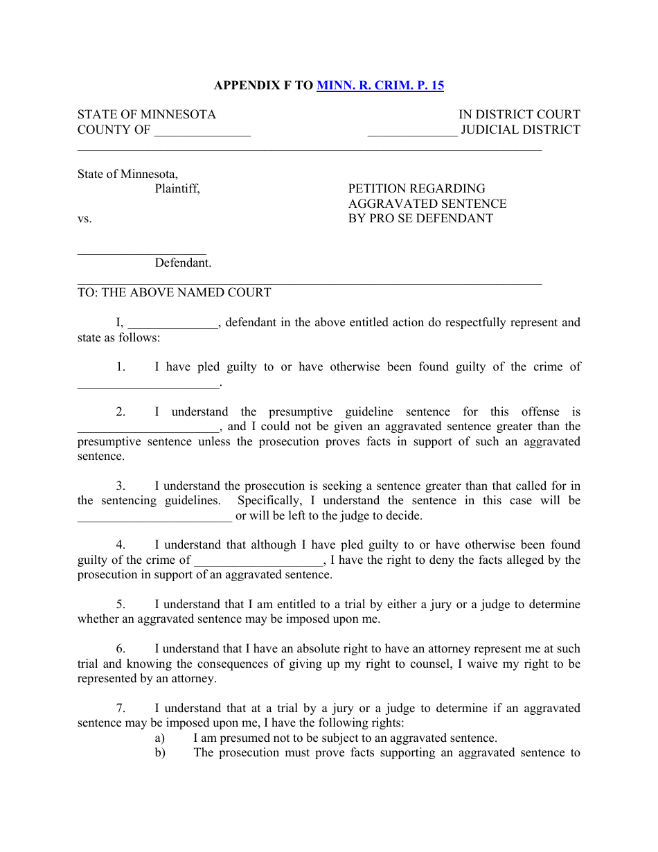 Appendix F Petition Regarding Aggravated Sentence by Pro Se Defendant - Minnesota, Page 1