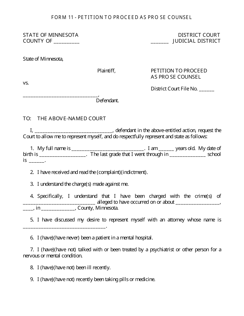 Form 11 Petition to Proceed as Pro Se Counsel - Minnesota, Page 1