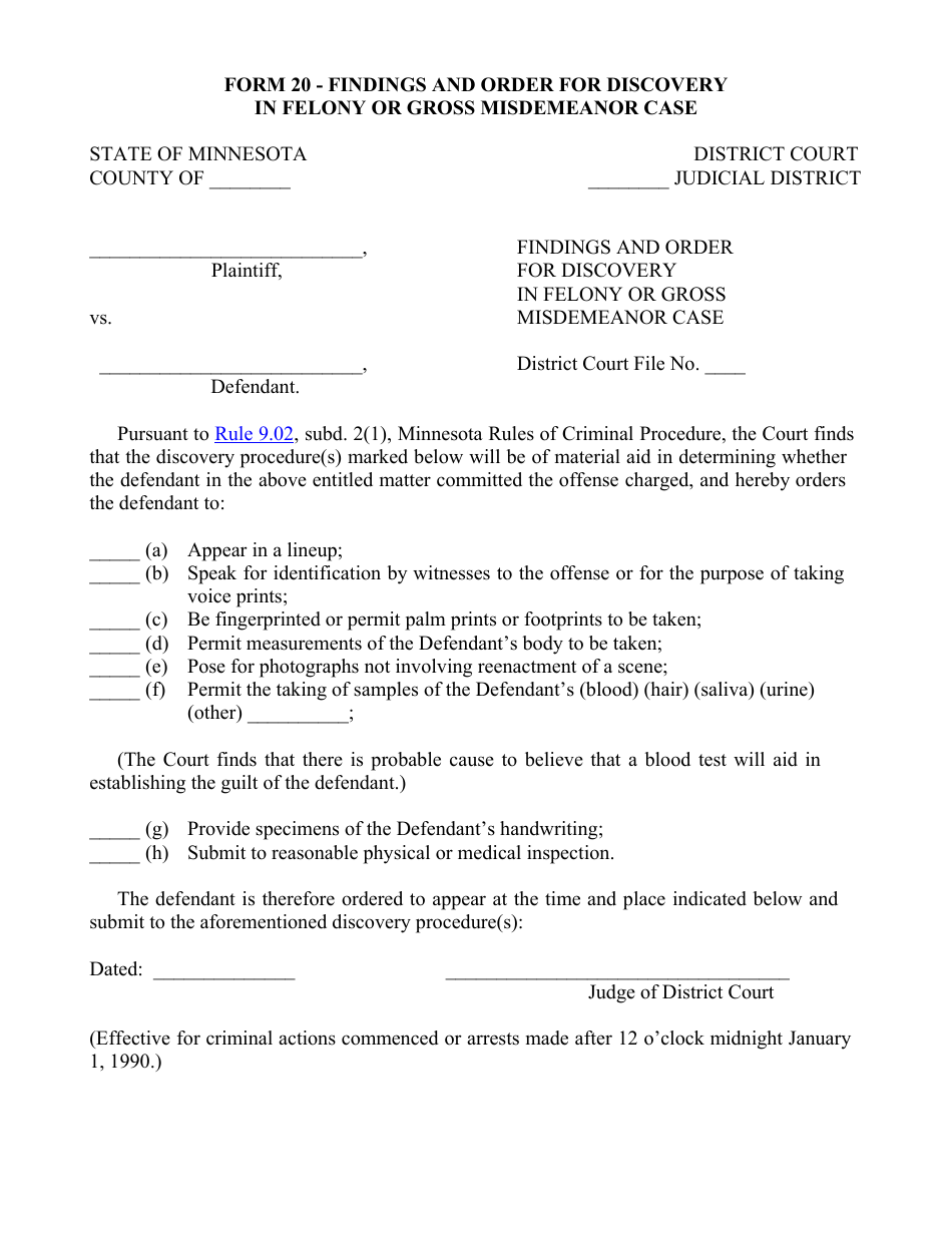 Form 20 Findings and Order for Discovery in Felony or Gross Misdemeanor Case - Minnesota, Page 1