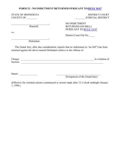 Form 22 No Indictment Returned Pursuant to Rule 18.07 - Minnesota