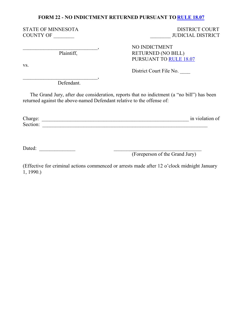 Form 22 No Indictment Returned Pursuant to Rule 18.07 - Minnesota, Page 1