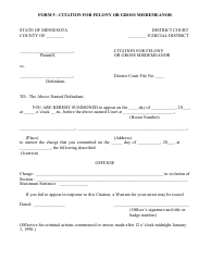 Form 5 &quot;Citation for Felony or Gross Misdemeanor&quot; - Minnesota