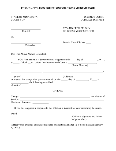 Form 5 Citation for Felony or Gross Misdemeanor - Minnesota