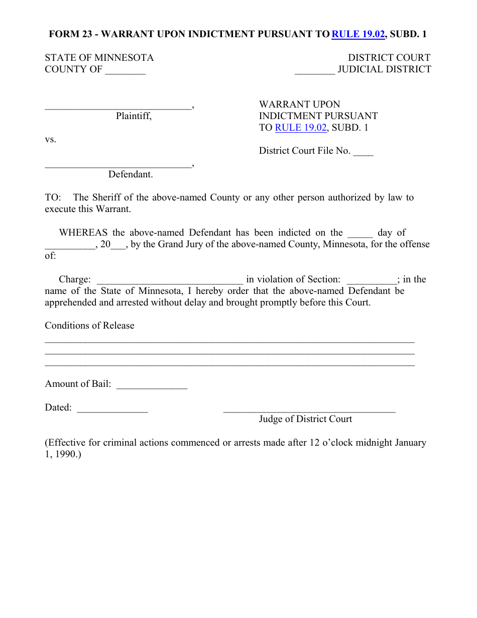 Form 23 Warrant Upon Indictment Pursuant to Rule 19.02, Subd. 1 - Minnesota, Page 1
