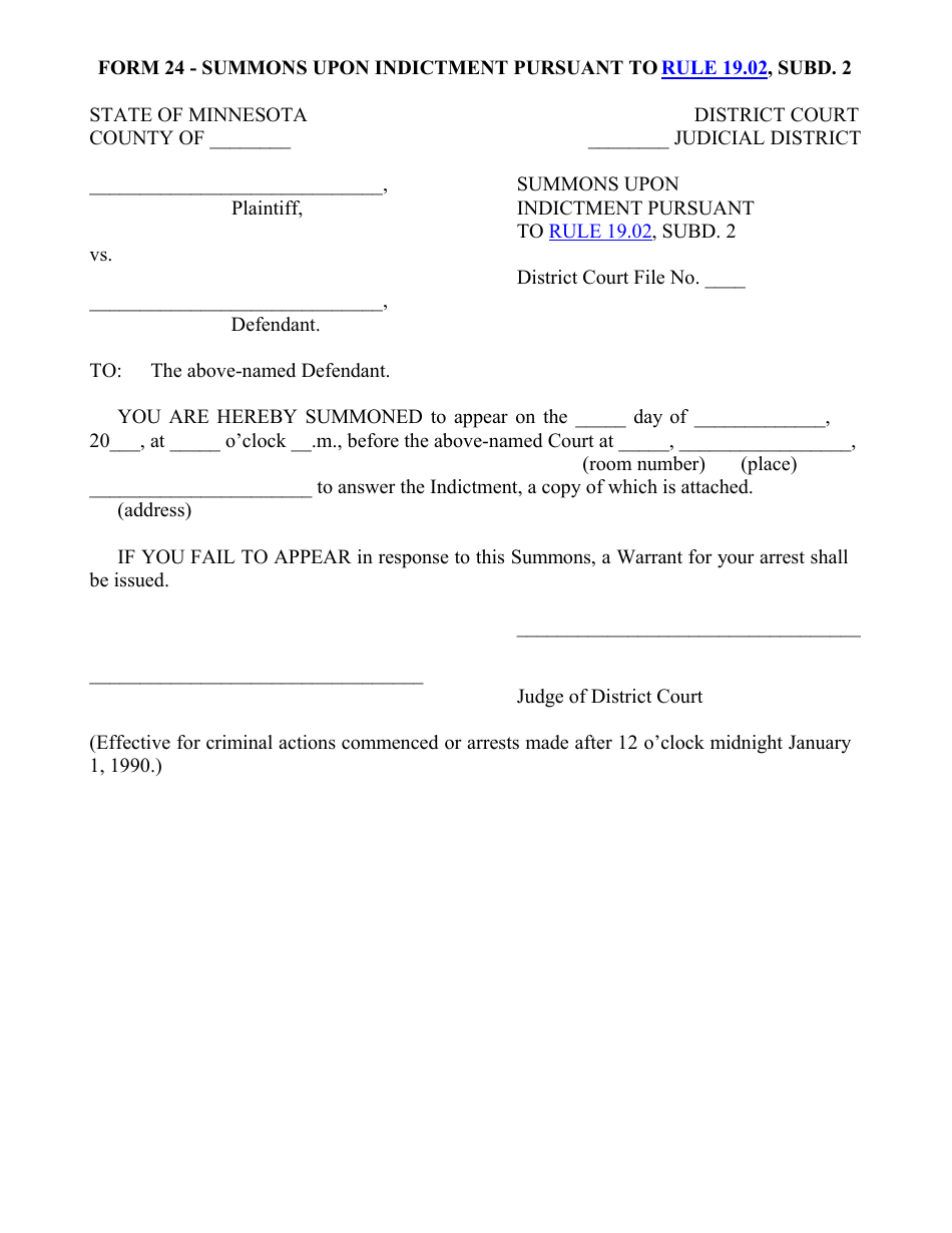 Form 24 Summons Upon Indictment Pursuant to Rule 19.02, Subd. 2 - Minnesota, Page 1