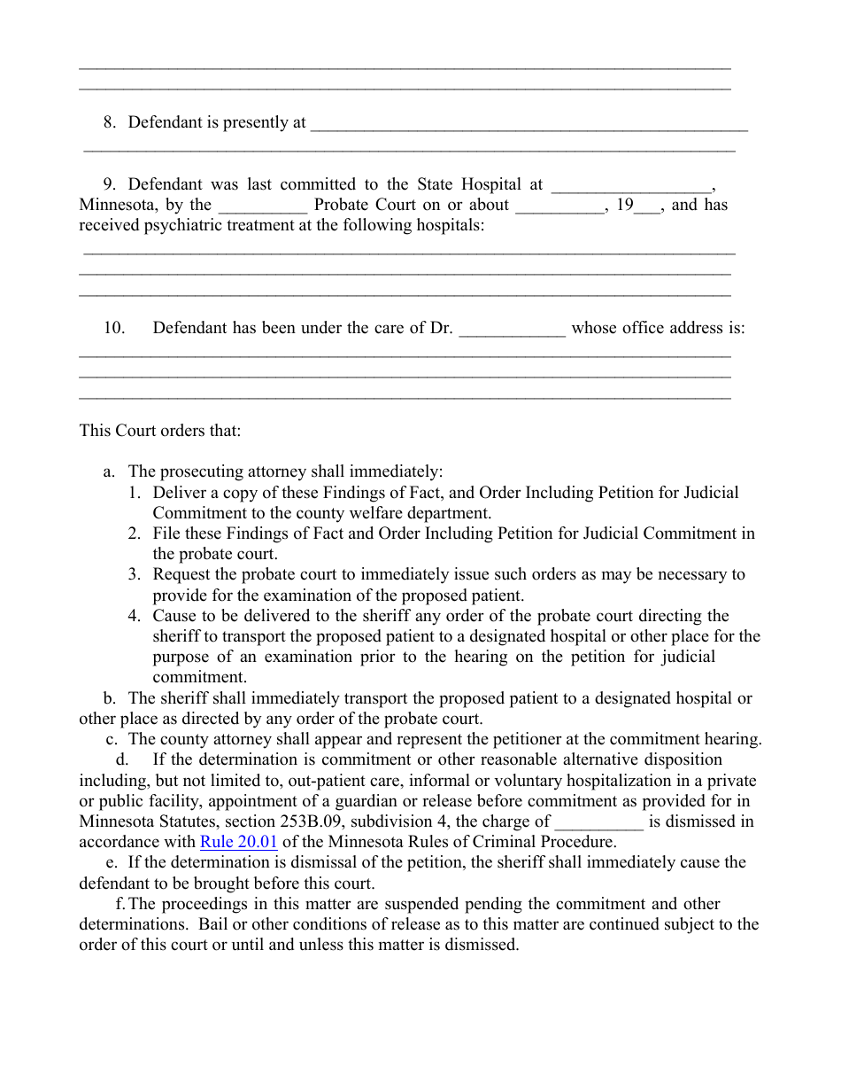 Form 27 Findings of Fact and Order Including Petition for Judicial Commitment, for Misdemeanor Case, Pursuant to Rule 20.01 - Minnesota, Page 2