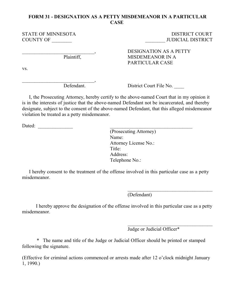 Form 31 Designation as a Petty Misdemeanor in a Particular Case - Minnesota, Page 1