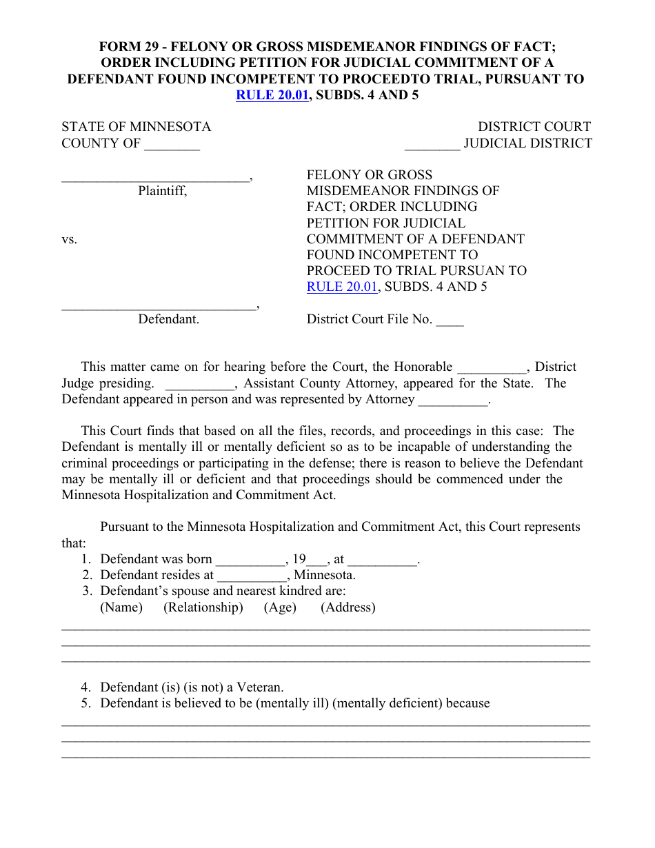 Form 29 Fill Out, Sign Online and Download Printable PDF, Minnesota