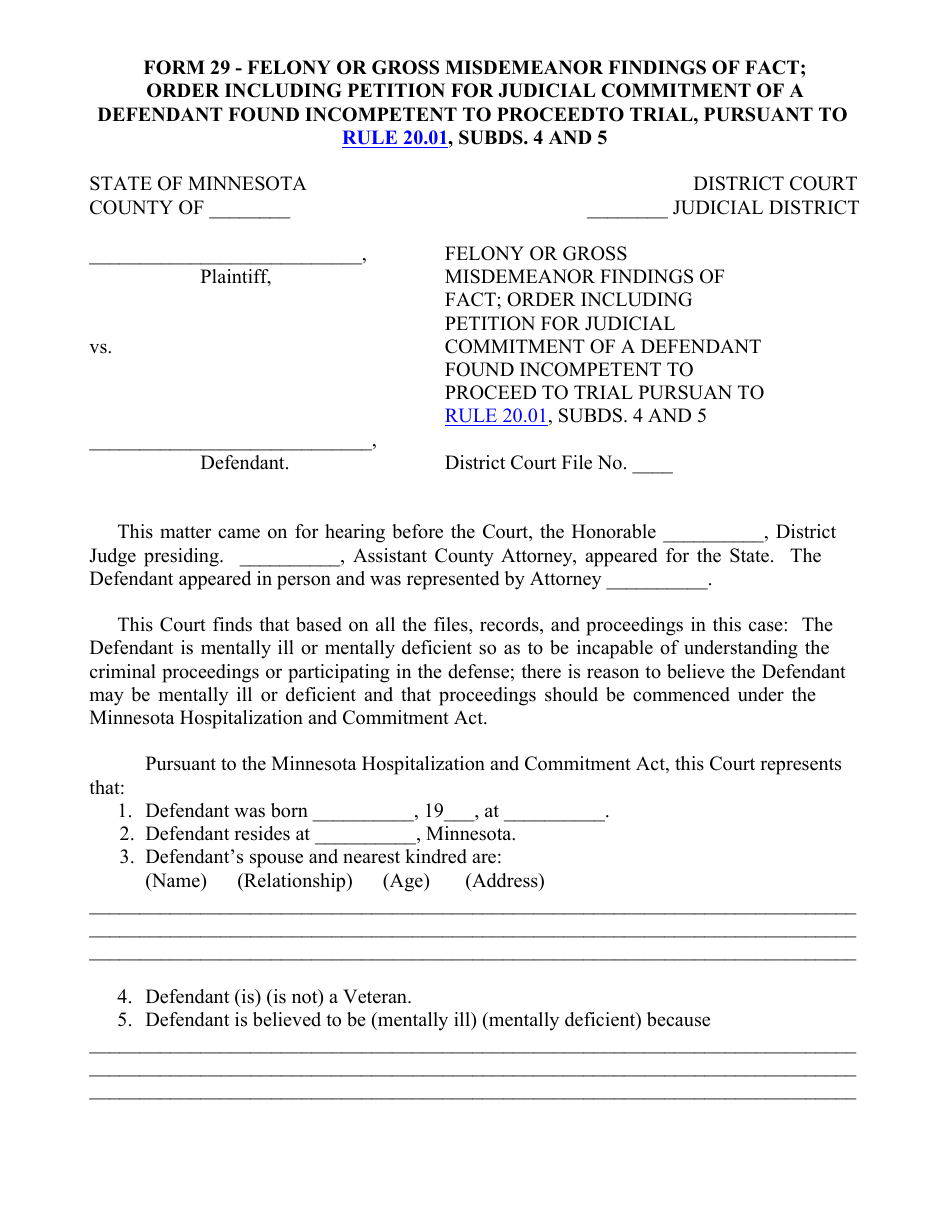 Form 29 Felony or Gross Misdemeanor Findings of Fact; Order Including Petition for Judicial Commitment of a Defendant Found Incompetent to Proceed to Trial, Pursuant to Rule 20.01, Subds. 4 and 5 - Minnesota, Page 1