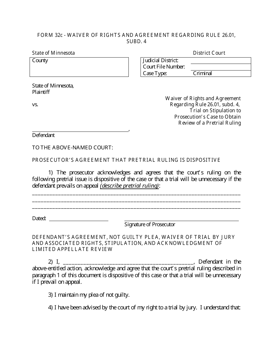 Form 32C Waiver of Rights and Agreement Regarding Rule 26.01, Subd. 4 - Minnesota, Page 1