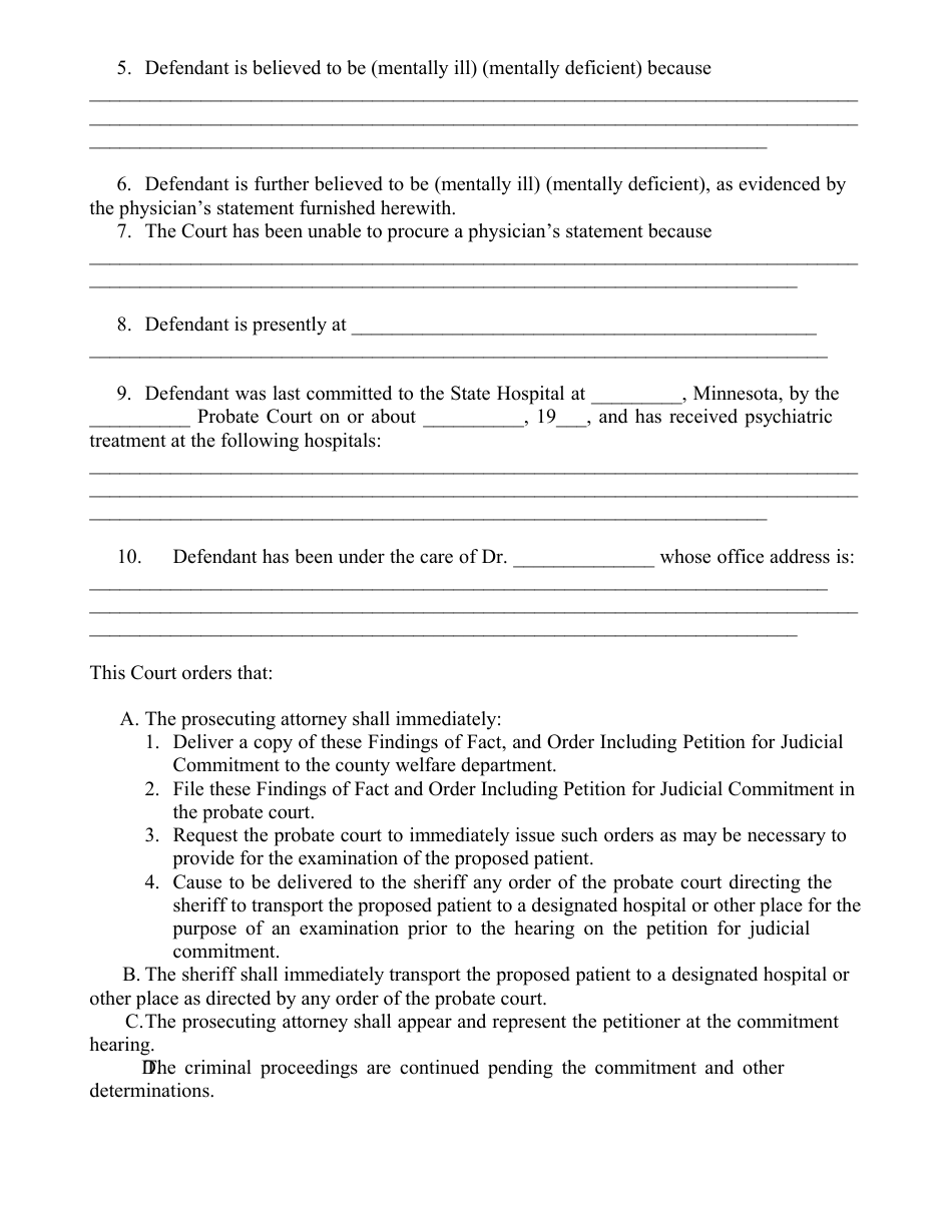 Form 28 Felony or Gross Misdemeanor Findings of Fact; Order Including Petition for Judicial Commitment; Order for Mental Examination to Determine: (1) Defendants Competency to Proceed With Criminal Case (2) Mental Illness or Deficiency at Time of Commission of the Offense - Minnesota, Page 2