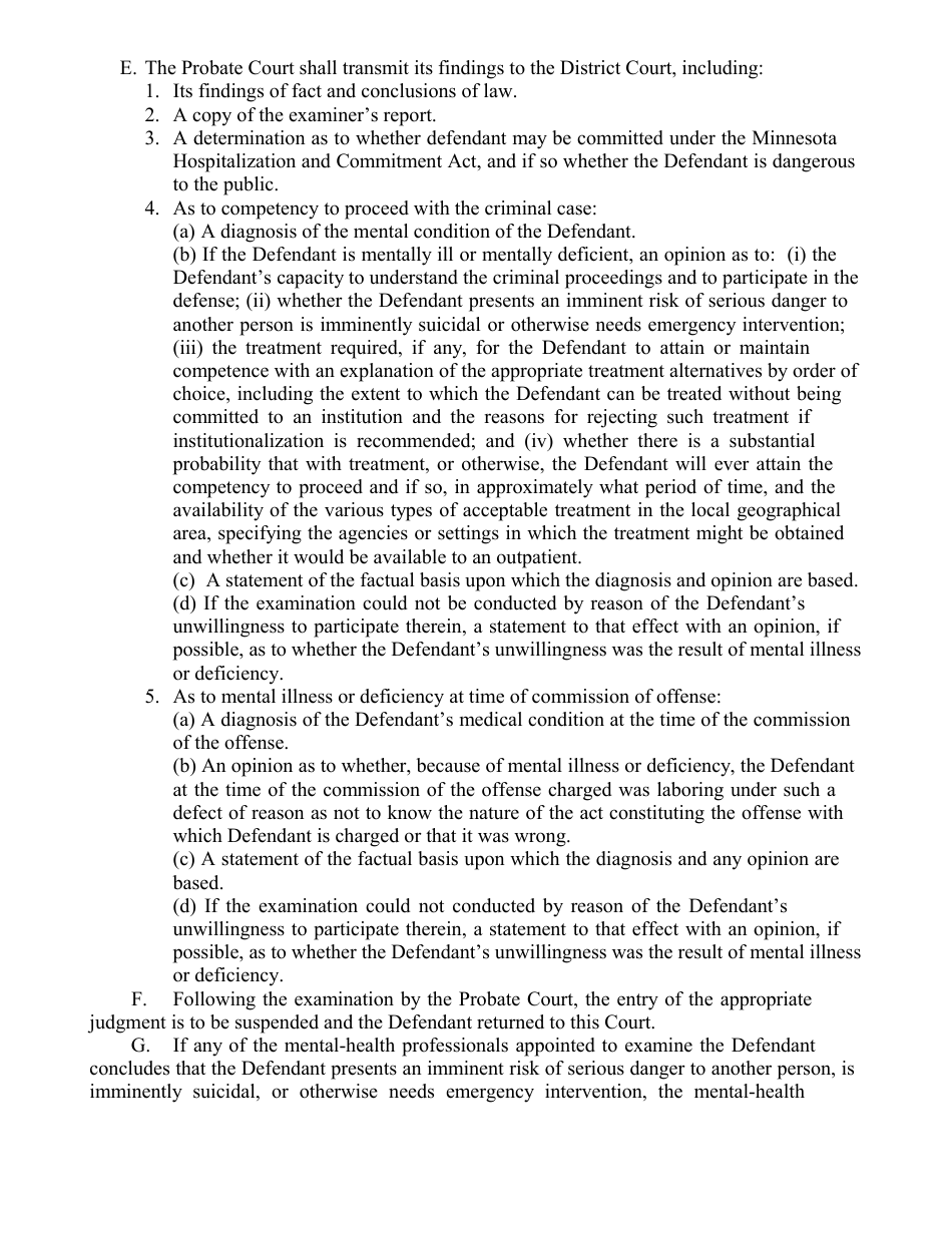 Form 28 Felony or Gross Misdemeanor Findings of Fact; Order Including Petition for Judicial Commitment; Order for Mental Examination to Determine: (1) Defendants Competency to Proceed With Criminal Case (2) Mental Illness or Deficiency at Time of Commission of the Offense - Minnesota, Page 3