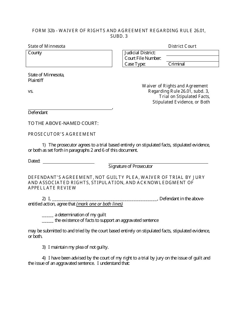 Form 32B Waiver of Rights and Agreement Regarding Rule 26.01, Subd. 3 - Minnesota, Page 1