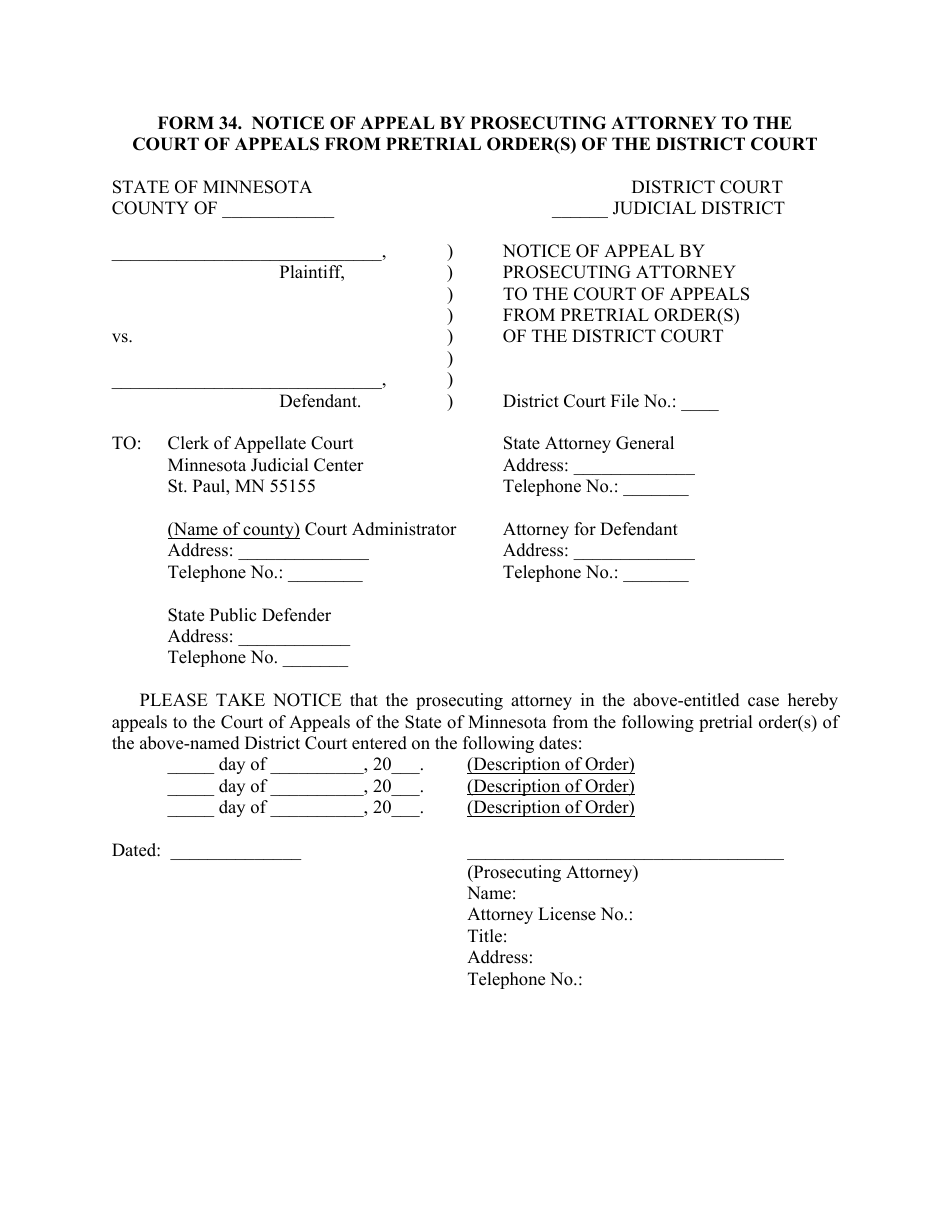 Form 34 Notice of Appeal by Prosecuting Attorney to the Court of Appeals From Pretrial Order(S) of the District Court - Minnesota, Page 1
