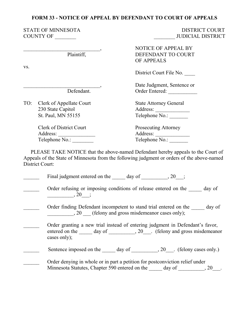 Form 33 Notice of Appeal by Defendant to Court of Appeals - Minnesota, Page 1