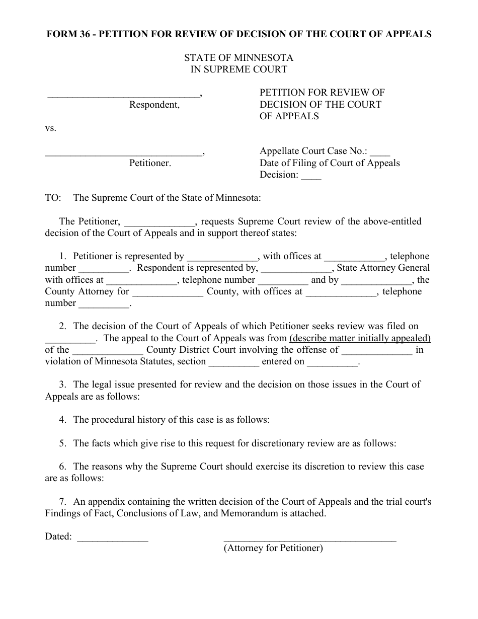 Form 36 Petition for Review of Decision of the Court of Appeals - Minnesota, Page 1