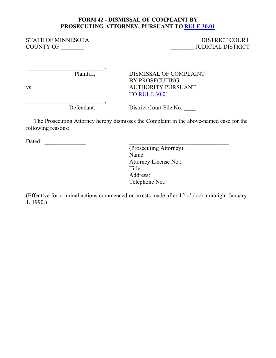 Form 42 Dismissal of Complaint by Prosecuting Attorney, Pursuant to Rule 30.01 - Minnesota, Page 1