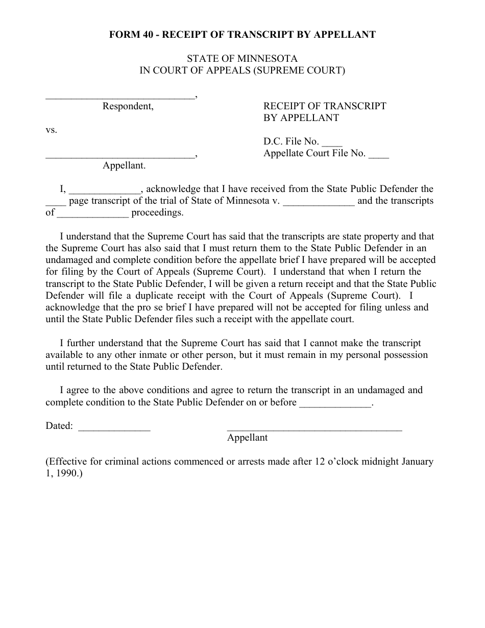 Form 40 Receipt of Transcript by Appellant - Minnesota, Page 1