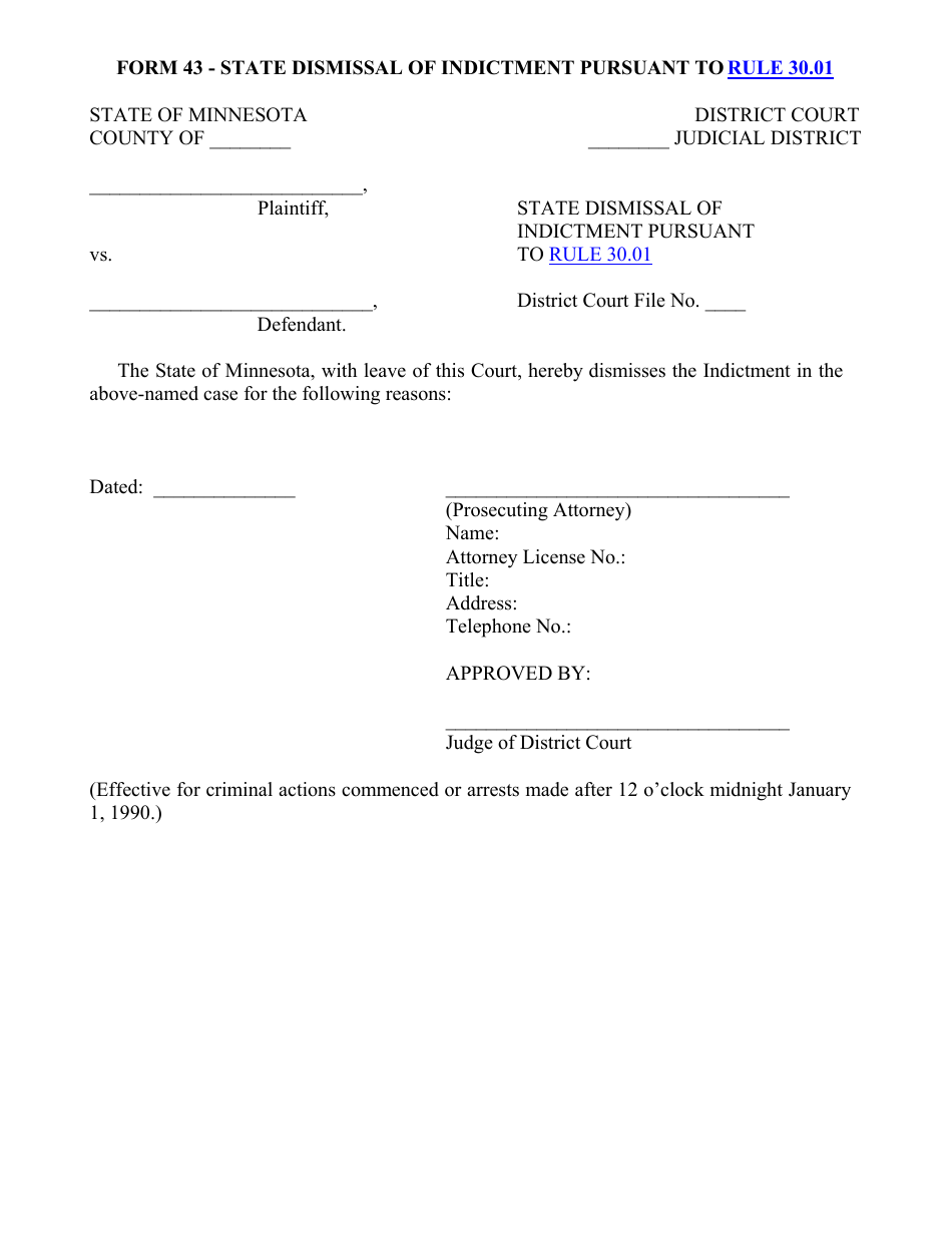 Form 43 State Dismissal of Indictment Pursuant to Rule 30.01 - Minnesota, Page 1