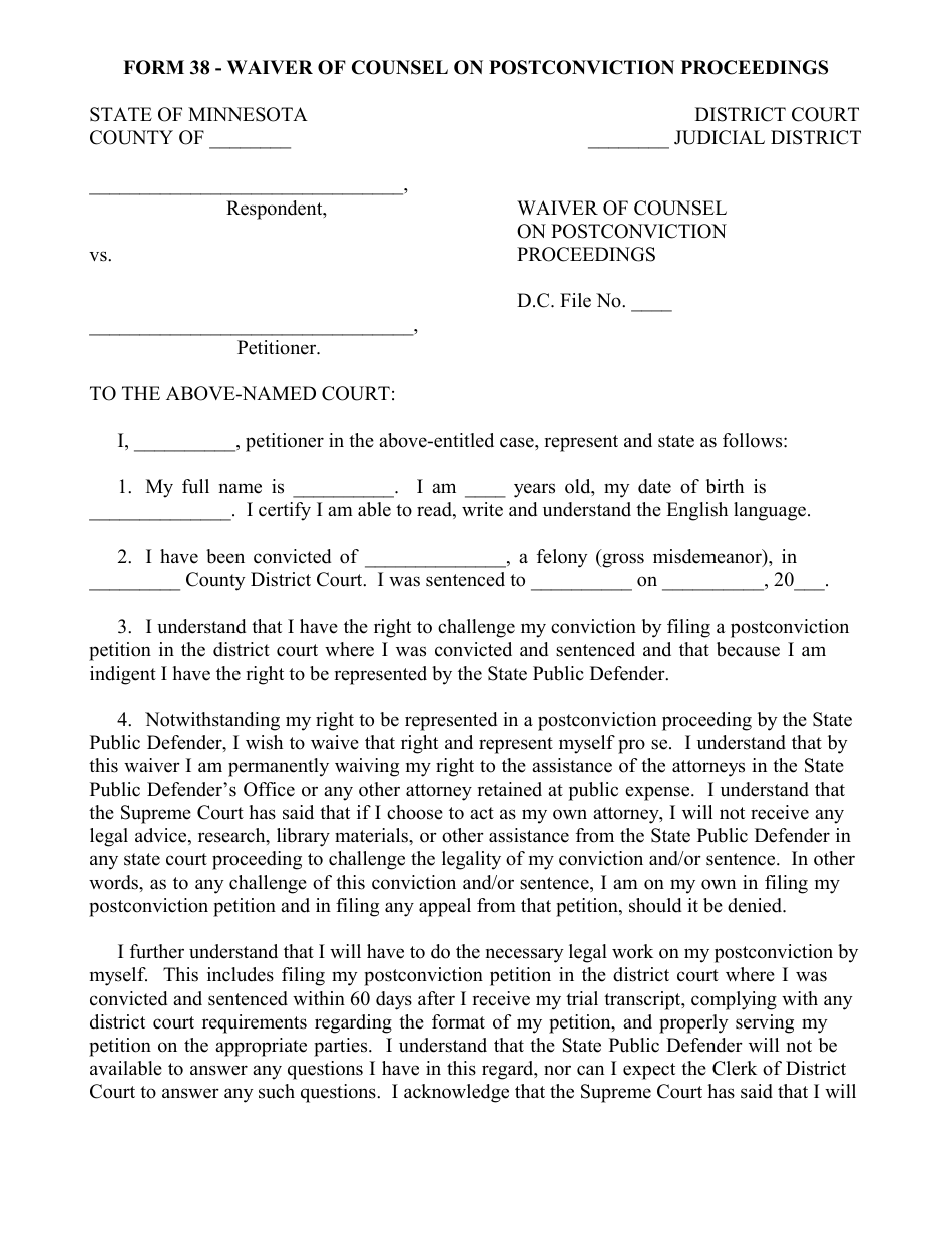 Form 38 Waiver of Counsel on Post-conviction Proceedings - Minnesota, Page 1