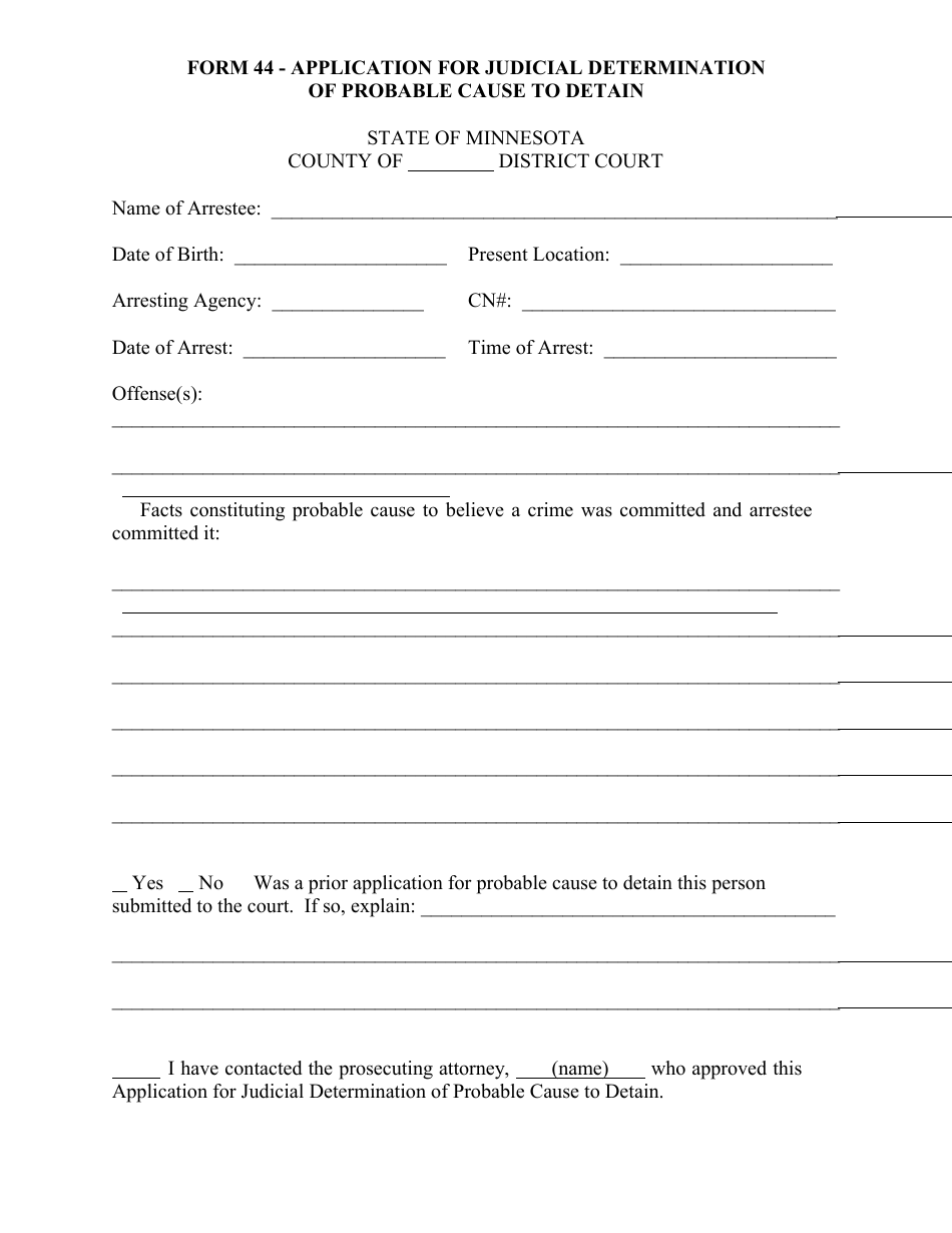 Form 44 Application for Judicial Determination of Probable Cause to Detain - Minnesota, Page 1