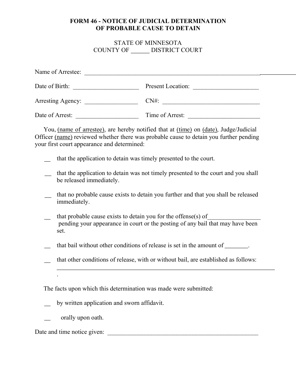 Form 46 Notice of Judicial Determination of Probable Cause to Detain - Minnesota, Page 1