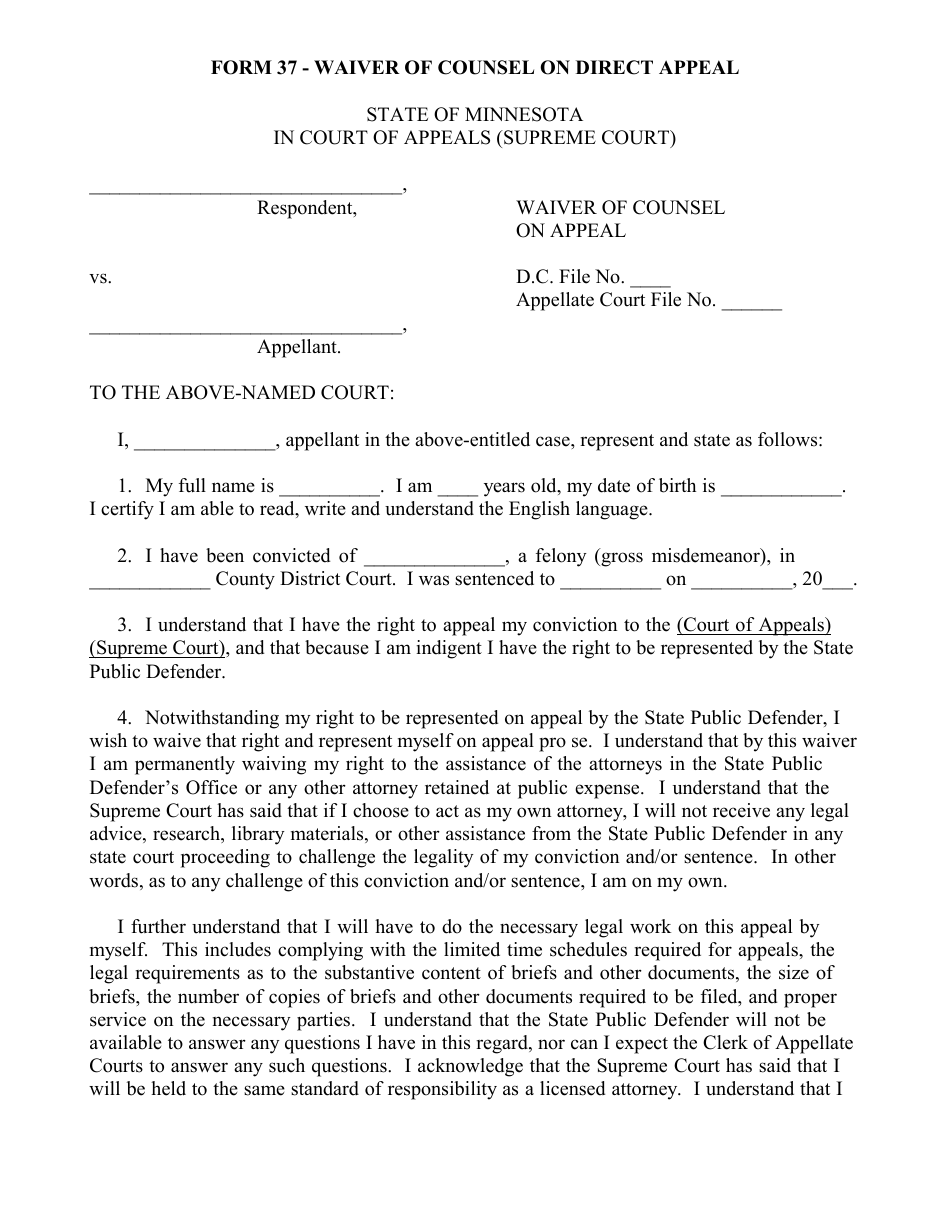 Form 37 Waiver of Counsel on Direct Appeal - Minnesota, Page 1