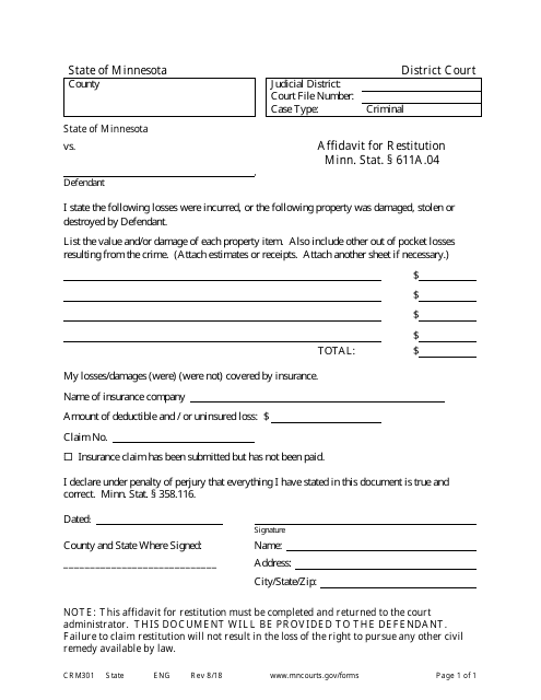 Form CRM301 Affidavit for Restitution - Minnesota