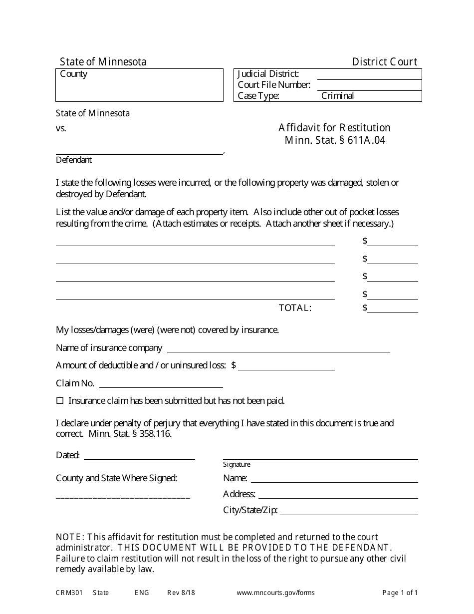 Form CRM301 Affidavit for Restitution - Minnesota, Page 1