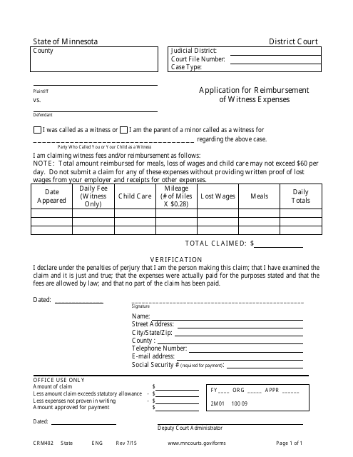 Form CRM402 Application for Reimbursement of Witness Expenses - Minnesota