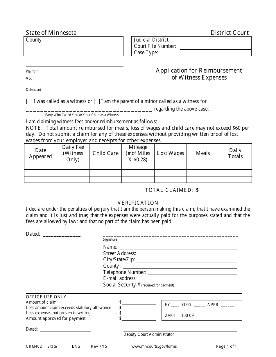 Form CRM402 Application for Reimbursement of Witness Expenses - Minnesota, Page 1