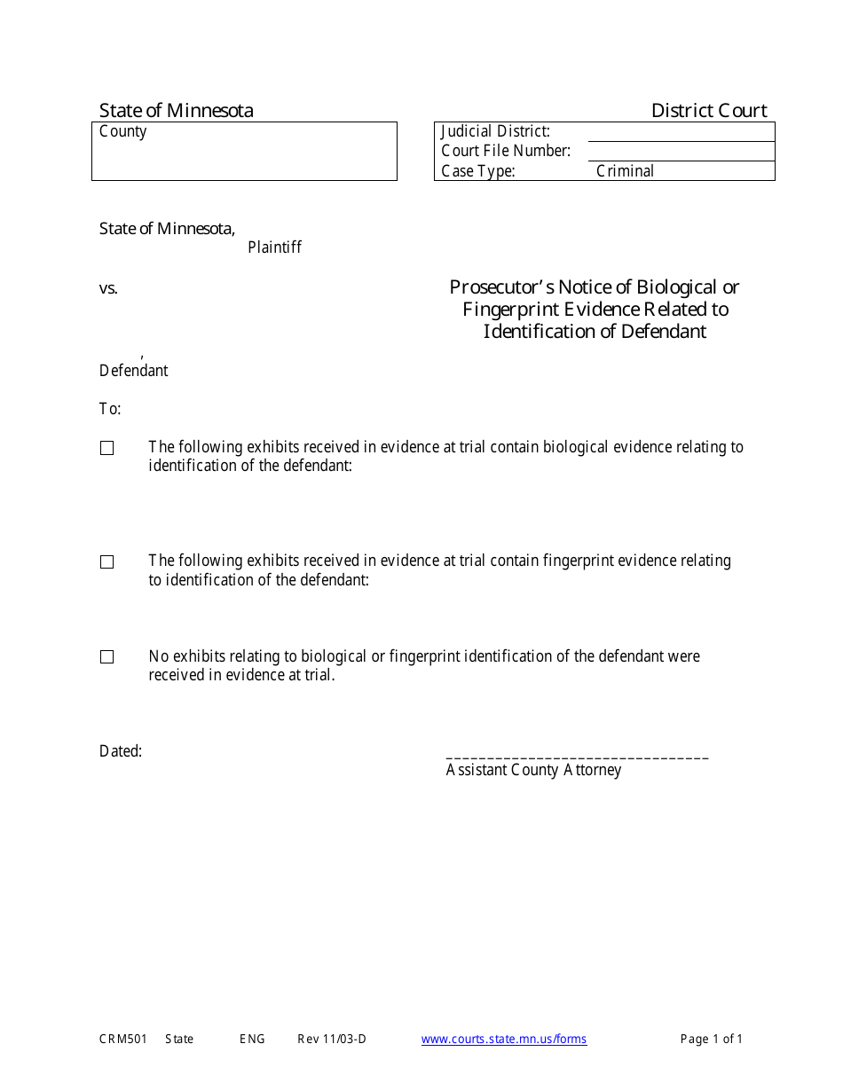 Form CRM501 Prosecutors Notice of Biological or Fingerprint Evidence Related to Identification of Defendant - Minnesota, Page 1