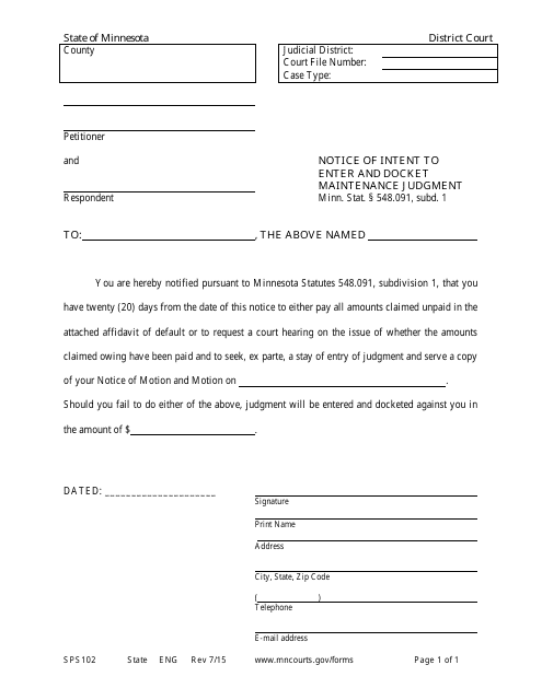 Form SPS102 Notice of Intent to Enter and Docket Maintenance Judgment - Minnesota