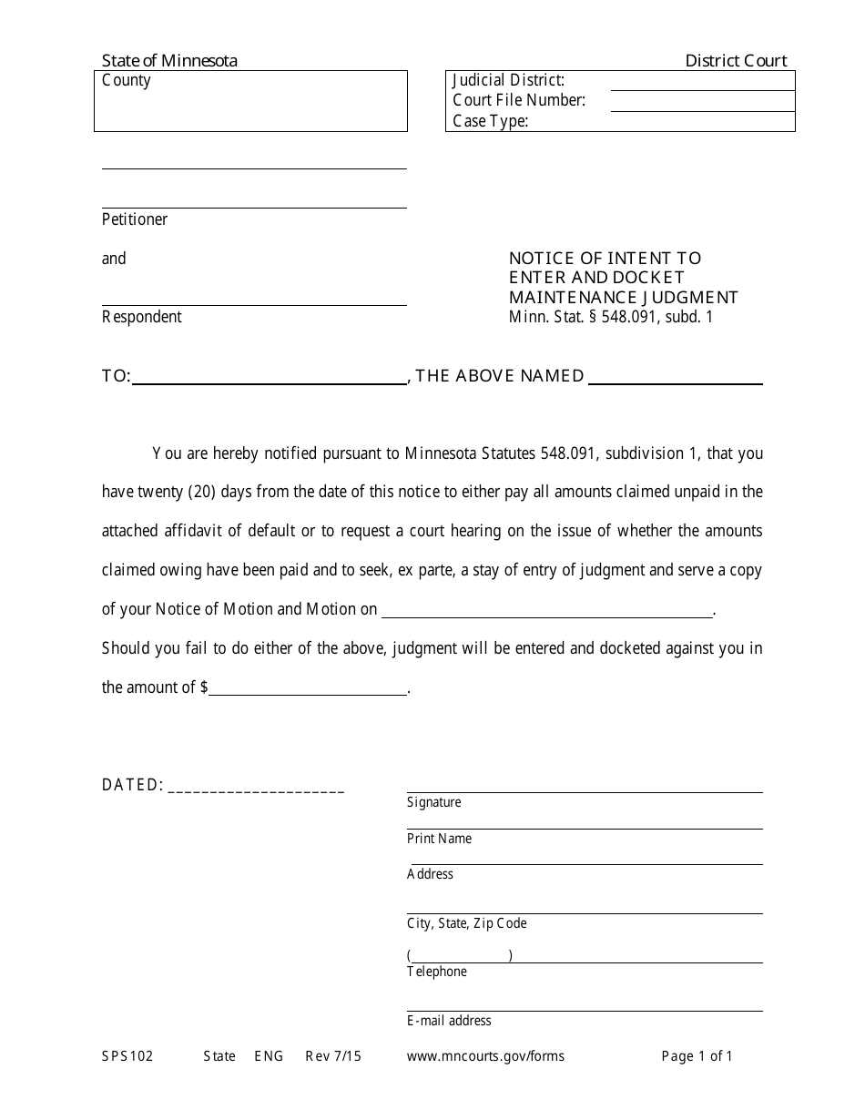 Form SPS102 Notice of Intent to Enter and Docket Maintenance Judgment - Minnesota, Page 1