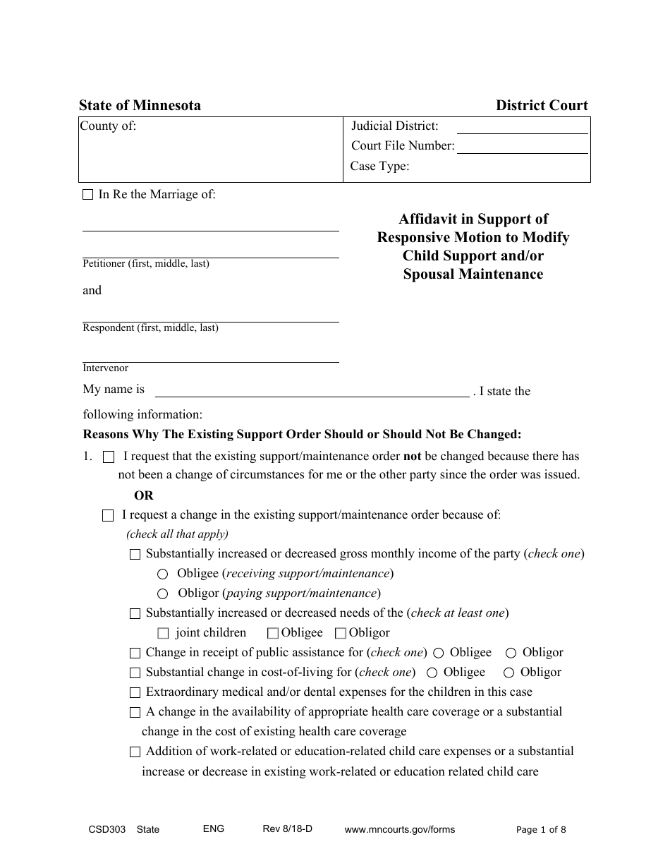 Form CSD303 Affidavit in Support of Responsive Motion to Modify Child Support and / or Spousal Maintenance - Minnesota, Page 1