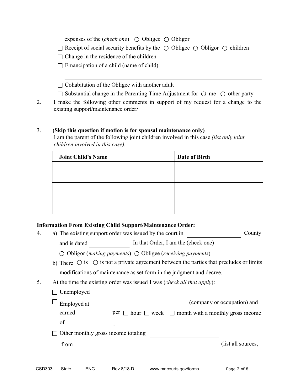 Form CSD303 Affidavit in Support of Responsive Motion to Modify Child Support and / or Spousal Maintenance - Minnesota, Page 2
