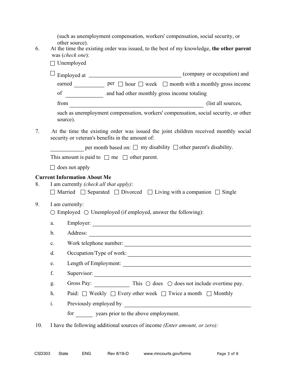 Form CSD303 Affidavit in Support of Responsive Motion to Modify Child Support and / or Spousal Maintenance - Minnesota, Page 3