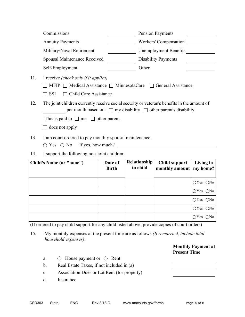 Form CSD303 Affidavit in Support of Responsive Motion to Modify Child Support and / or Spousal Maintenance - Minnesota, Page 4