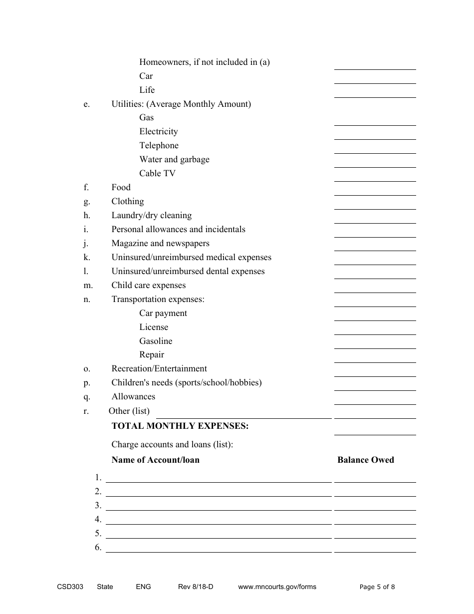 Form CSD303 Affidavit in Support of Responsive Motion to Modify Child Support and / or Spousal Maintenance - Minnesota, Page 5