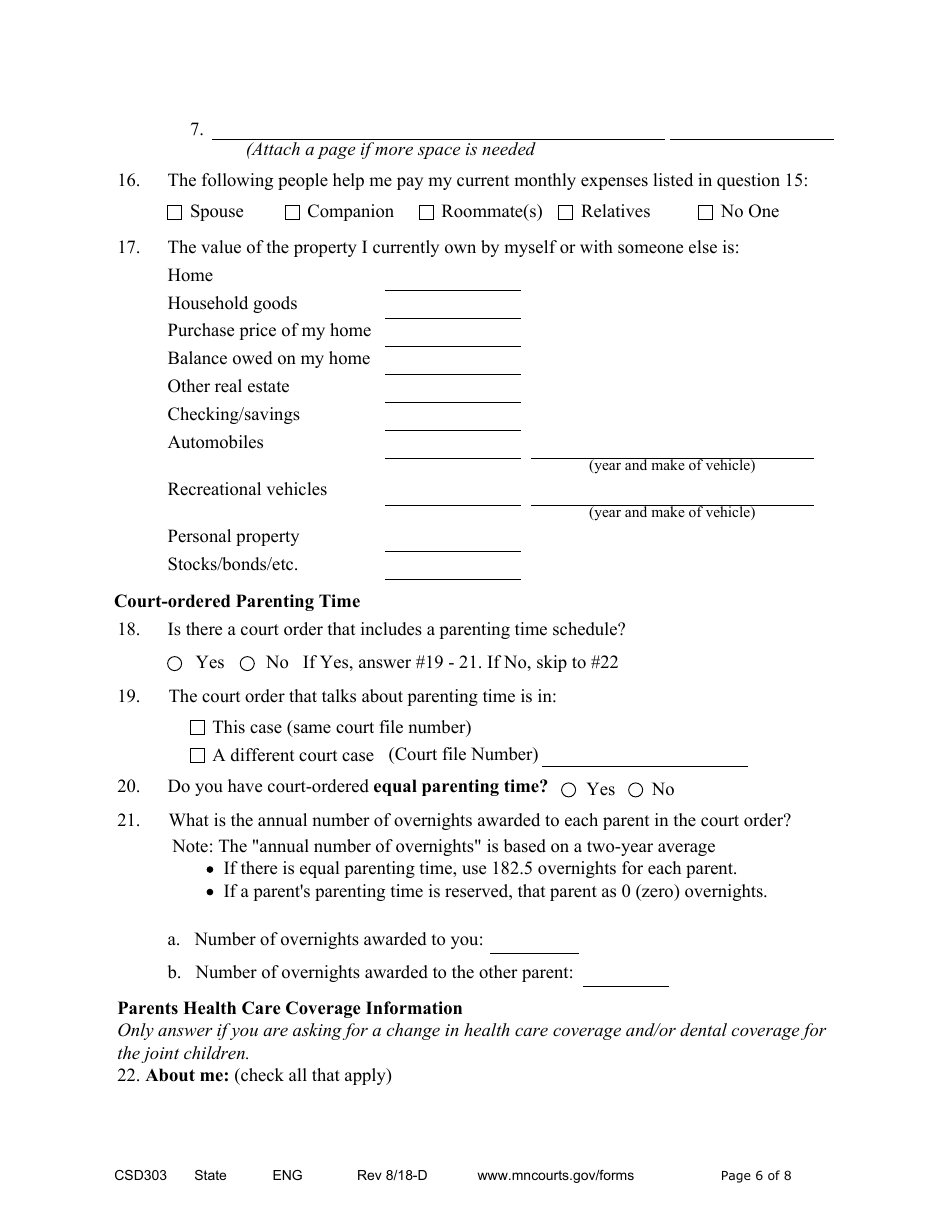 Form CSD303 Affidavit in Support of Responsive Motion to Modify Child Support and / or Spousal Maintenance - Minnesota, Page 6