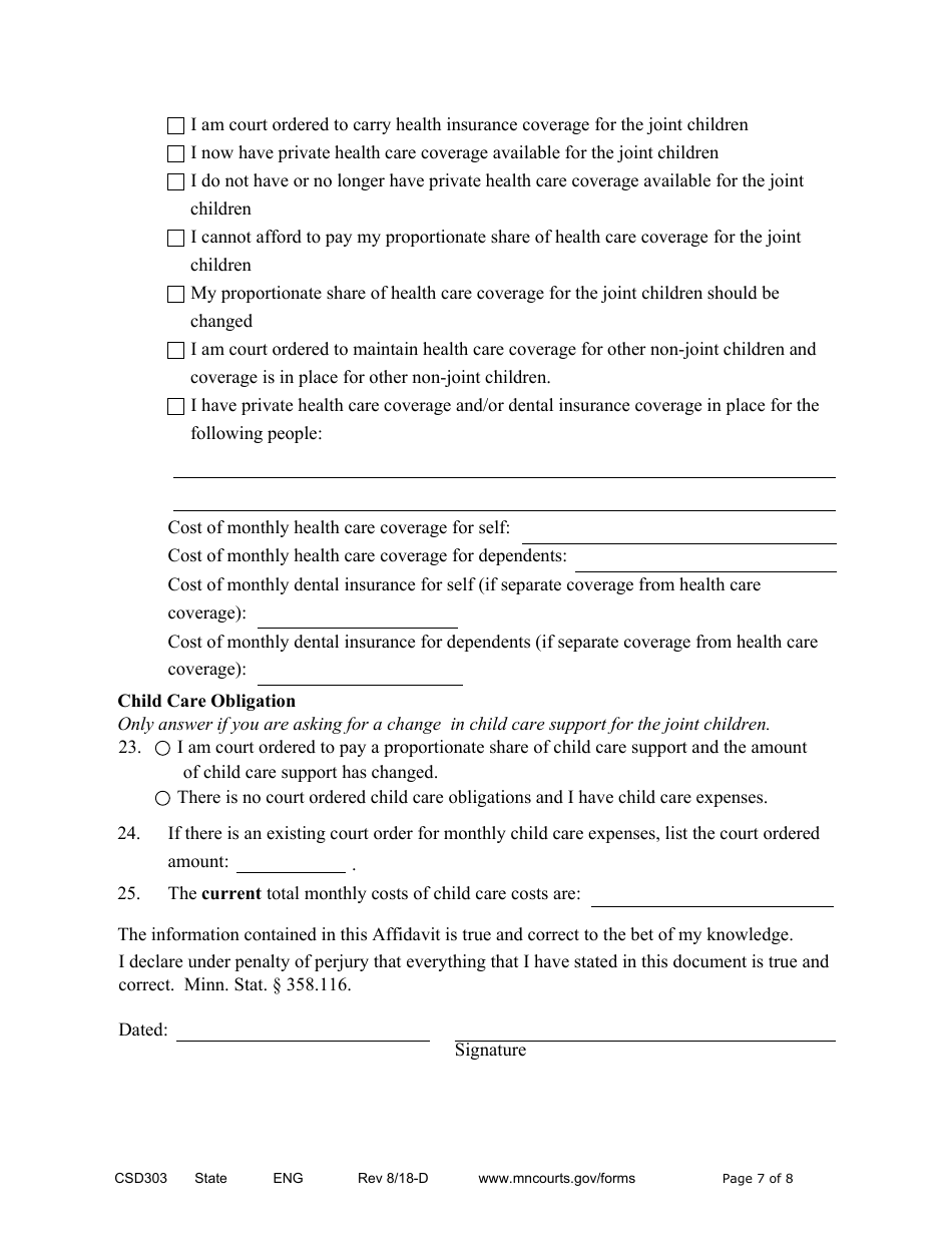 Form CSD303 Affidavit in Support of Responsive Motion to Modify Child Support and / or Spousal Maintenance - Minnesota, Page 7