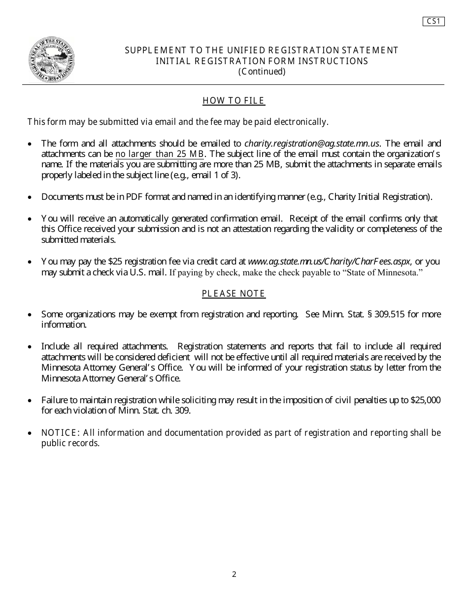 Form CS1 Supplement to the Unified Registration Statement Initial Registration Form - Minnesota, Page 2