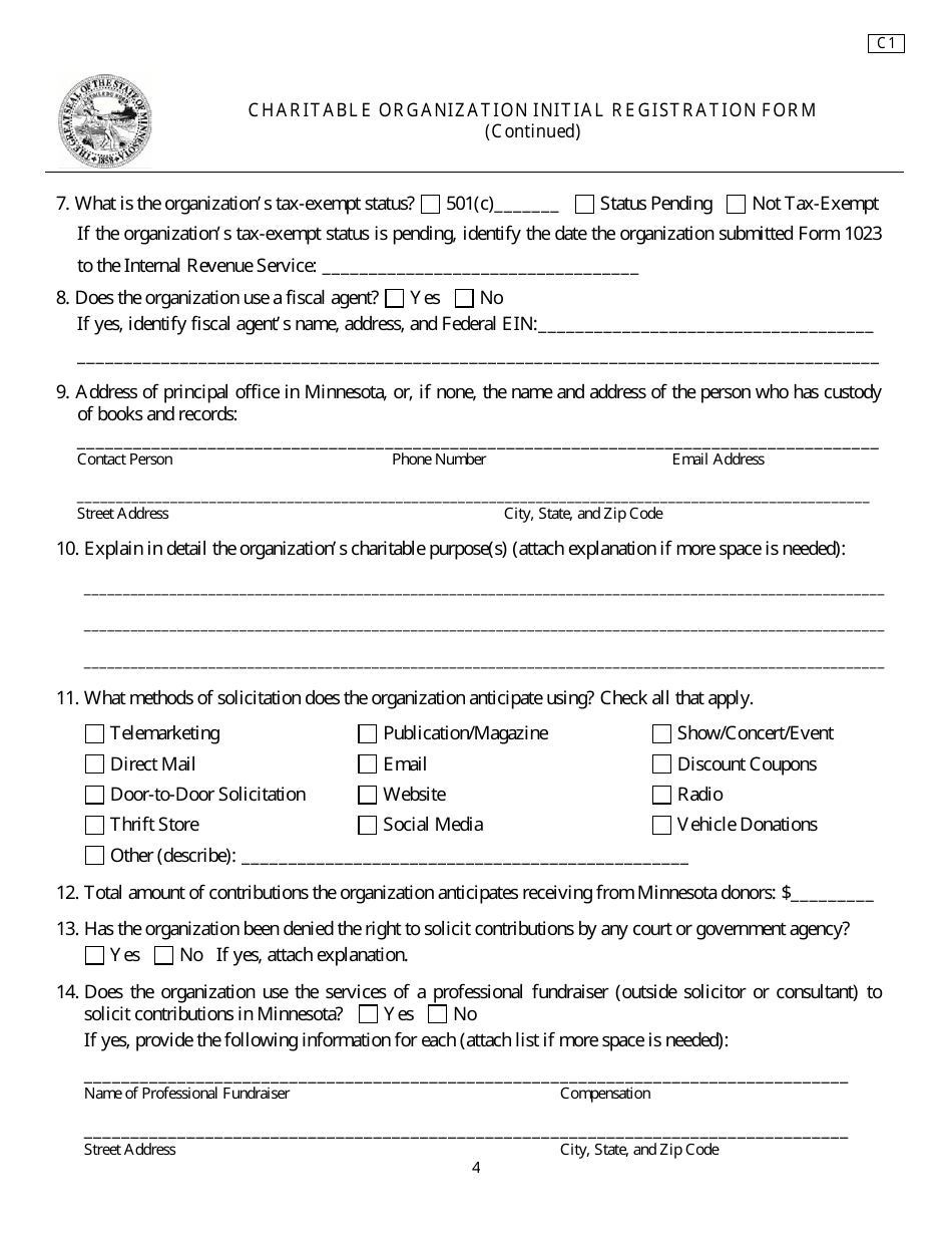 Form C1 Charitable Organization Initial Registration Form - Minnesota, Page 4