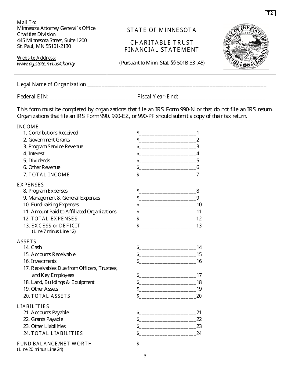Form T2 Charitable Trust Financial Statement - Minnesota, Page 3